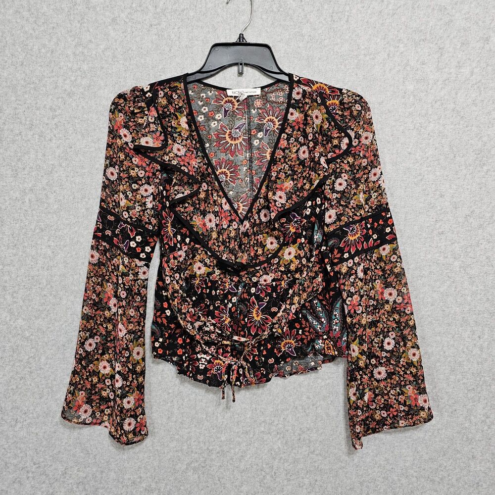 BCBGeneration Bohemian Long Sleeve Blouse Size S VNeck Tassel Tie Floral Top